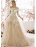 Off Shoulder Ivory Lace Champagne Tulle Ruffle Wedding Dress